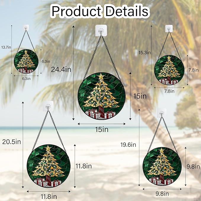 Stained Glass Window Hanging -Gold Green Christmas Tree Suncatcher - Image 6