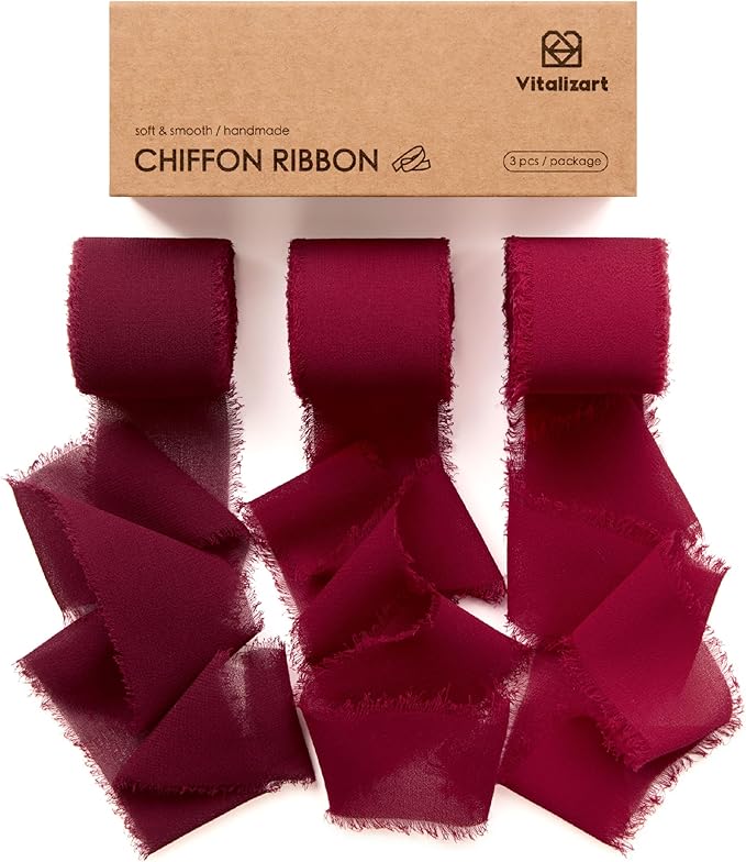 Vitalizart Red Handmade Chiffon Silk Ribbon Fringe 1.5" x 21 Yd Burgundy Frayed by Vitalizart