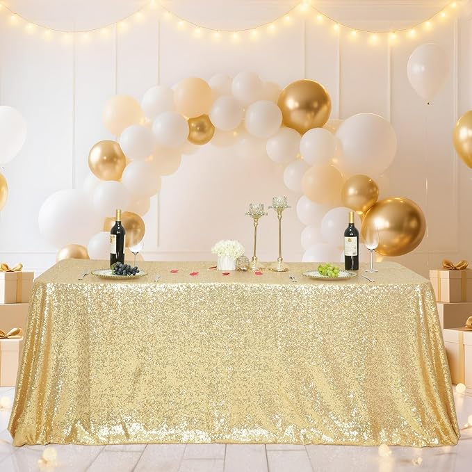 SquarePie Sequin Tablecloth 60 x 102 Inch Light Gold Sparkly Table Cloth - Image 3