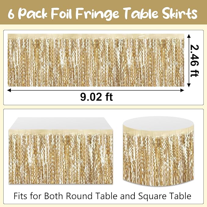 6 Pack 29 x108 Inch Champagne Gold Wave Foil Fringe Table Skirts Metallic Banner - Image 2