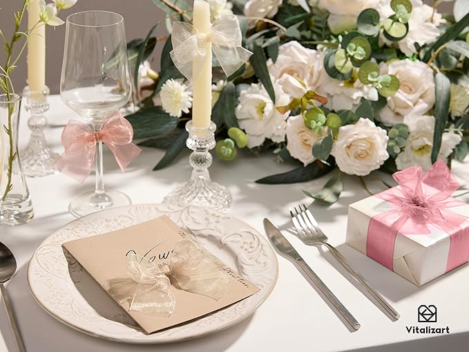 Vitalizart Organza Ribbon 1.5" x 30 Yd Pink Rose Gold & Cream White Sheer - Image 6