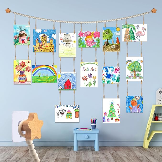 KOLLIEE Kids Artwork Display Art Wall Decor 4.93ft Boho Wooden Beaded Garland by KOLLIEE