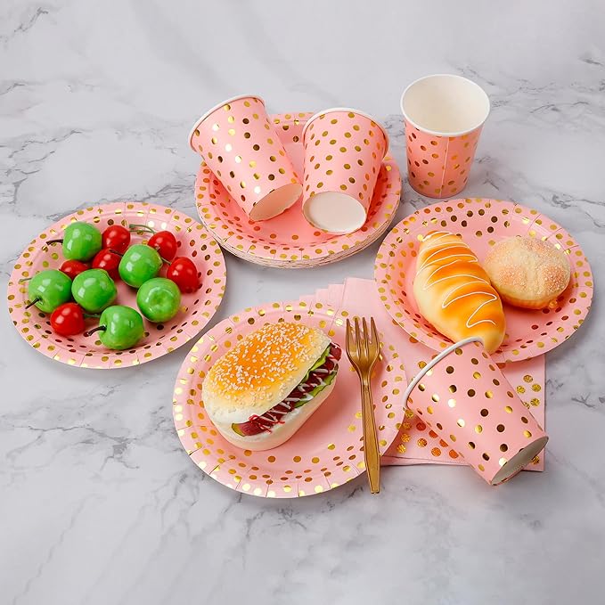 Sveikie160 Pcs Pink And Gold Paper Plates, Birthday Cake Party Plates And - Image 8