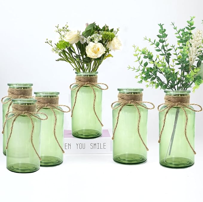 Vintage Glass Flower Vase，6 Pack Green Farmhouse Glass Centerpiece Vases Mason by LEYIQUCHAMPAGNEWINEGLASSES