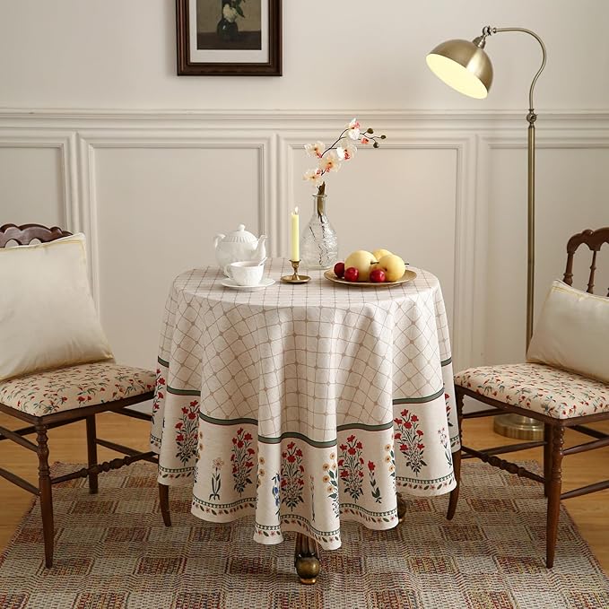 ISAENNE Designer Vintage Linen Floral Round Tablecloth, Fall Colorful Modern - Image 2