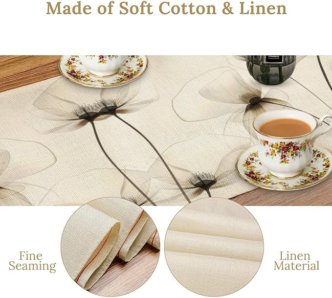 Abstract Floral Table Runner, Watercolor Transparent Beige Poppy Flowers Print - Image 4