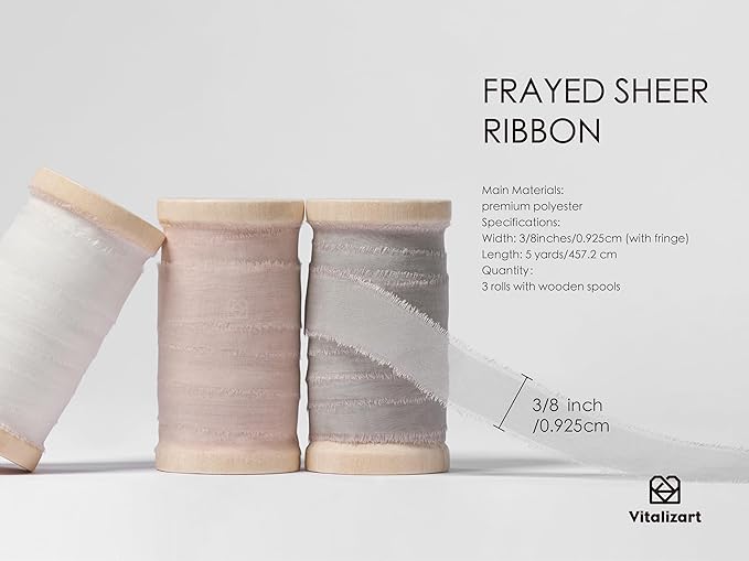 Vitalizart Organza Ribbon Frayed Sheer Organza White Pink Grey Set 3/8" Silk - Image 2
