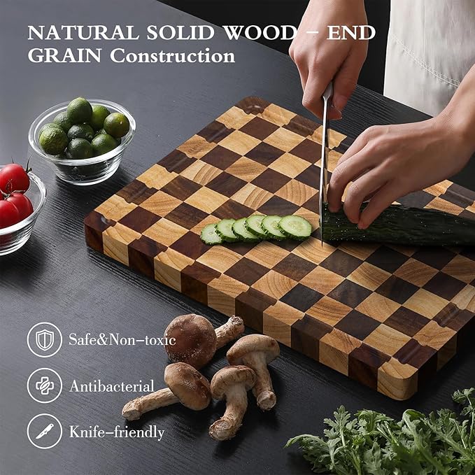 Checkered Cutting Boards for Kitchen, Wood Cutting Board Sets, Walnut Rubber & - Image 3