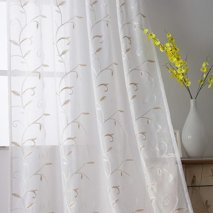 VISIONTEX White Sheer Voile Curtains, Decorative Beige Leaves Embroidery Faux by VISIONTEX