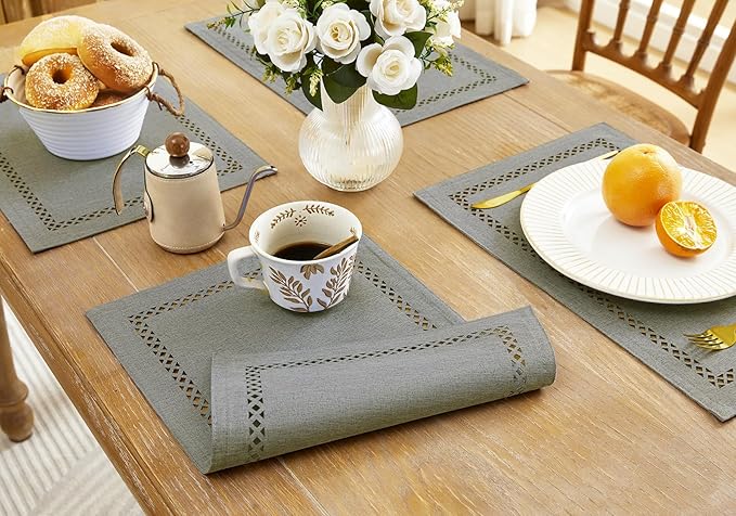 Burlap Placemats Set of 6, 12 x 18 Inch Rustic Geometric Hollow Place Mats - Image 4