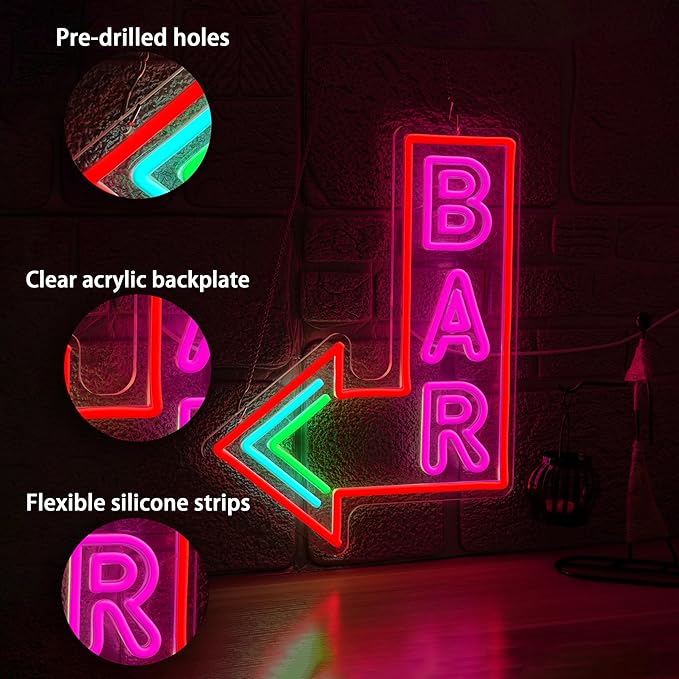 Bar Neon Sign with Dimmer switch, Colorful Bar Led Neon Light Pink Letter Light - Image 2