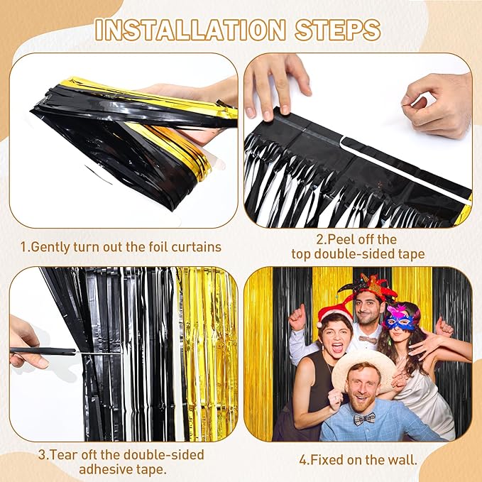 Black and Gold Party Streamers Decoration, Foil Fringe Backdrop - Image 4