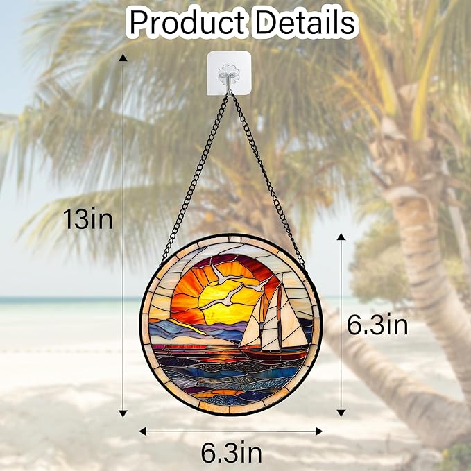 Stained Glass Window Hanging, Sun Ocean Sailboat Seagull Abstract Suncatcher - Image 4