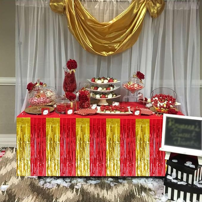 BEISHIDA 2 Pack Red Gold Table Skirts Party Decorations Metallic Tinsel Foil - Image 4