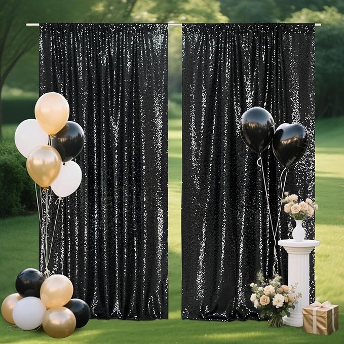 SquarePie Sequin Backdrop Curtain 8FT x 10FT Black Satin Backing Fabric - Image 7