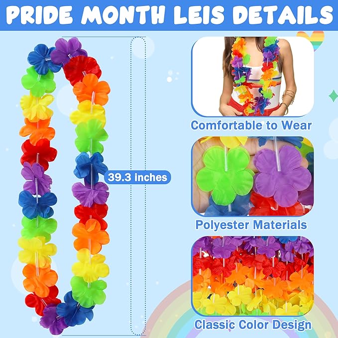 Hawaiian Leis Decorations, Luau Party Leis Bulk, Rainbow Hawaiian Pride Month - Image 2