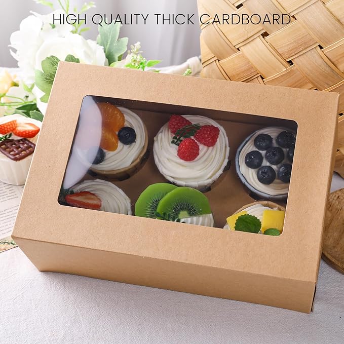 HANSGO 6 PCS Cupcake Boxes, 9.5x6.3x3.5 Inch Cupcake Containers Brown Pastry - Image 3
