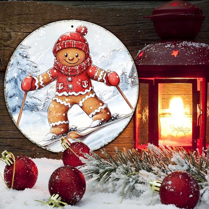 Round Gingerbread Man Ski Vintage Metal Sign Skiing Sign, Office Sign Home - Image 5