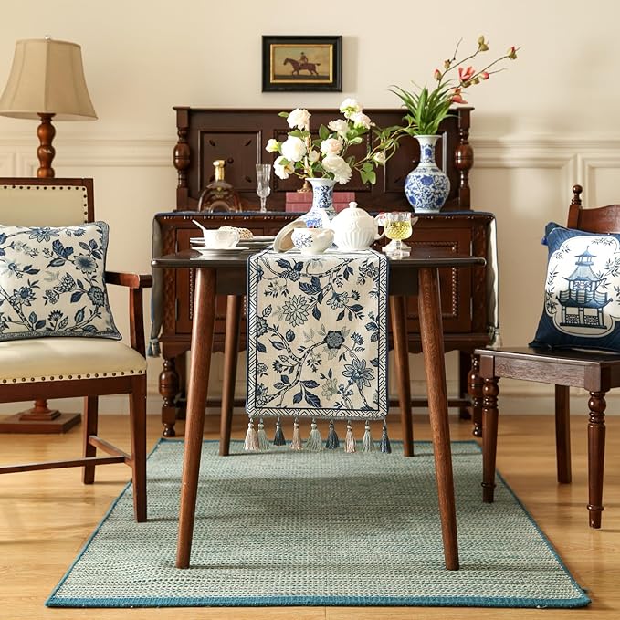 Decorative Small Linen Table Runner 63 Inches Long, Chinoiserie Blue Floral - Image 2