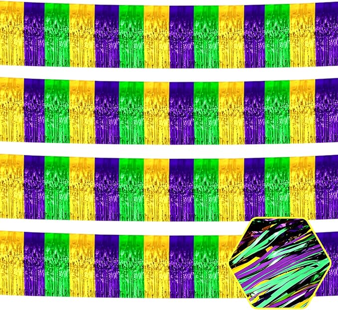 4 Pack 10 Feet Gold Green Purple Foil Fringe Garland Metallic Tinsel Streamers by Ferwzsr
