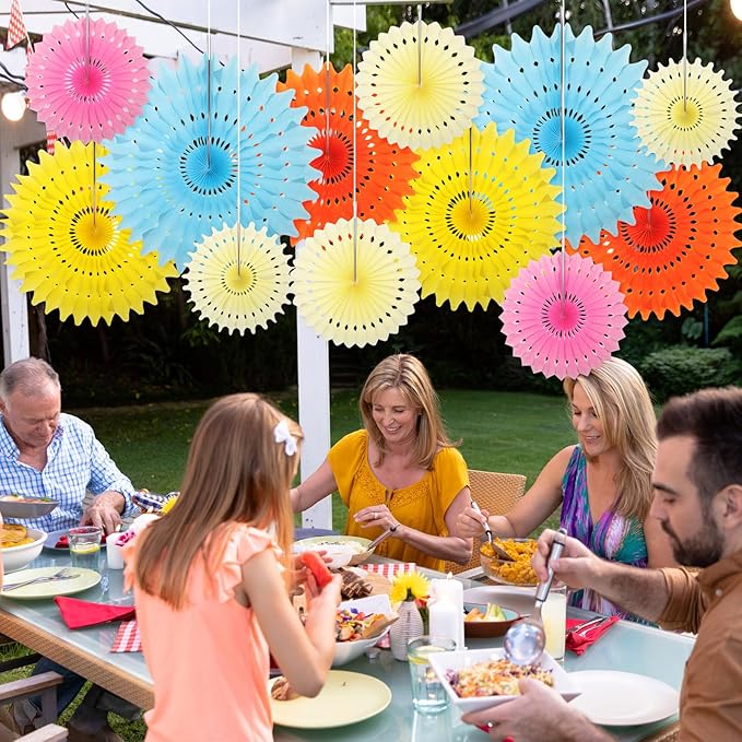 Outus 12 Pcs Hanging Honeycomb Paper Fans Sets, Fiesta Pastel Party Decorations - Image 6