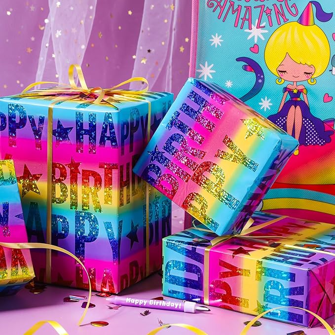 LeZakaa Holographic Birthday Wrapping Paper Roll, Happy Birthday Lettering - Image 2