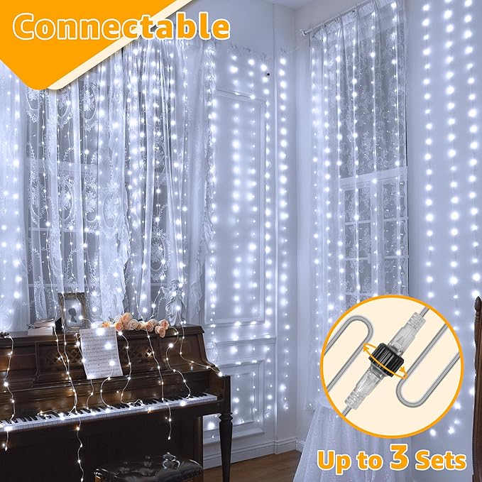 Ollny Curtain Lights 300LED 9.8ftx9.8ft, Connectable IP67 Waterproof Outdoor - Image 6