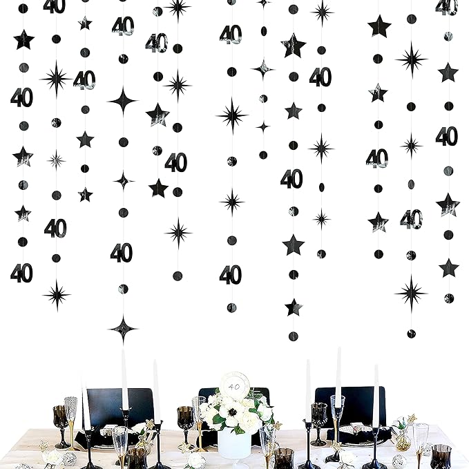 Black 40th Birthday Decorations Number 40 Circle Dot Twinkle Star Garland by pinkblume