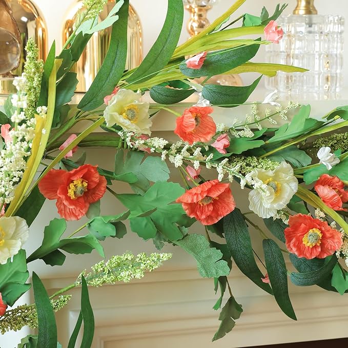 Mizii Red Artificial Flower Garland 6FT Fake Poppy Floral Garland Hanging Vines - Image 7