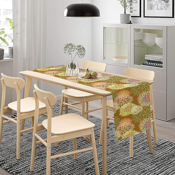 Brown Grey Dahlia Flower Table Runner, Linen Geometric Pattern Floral Table - Image 5
