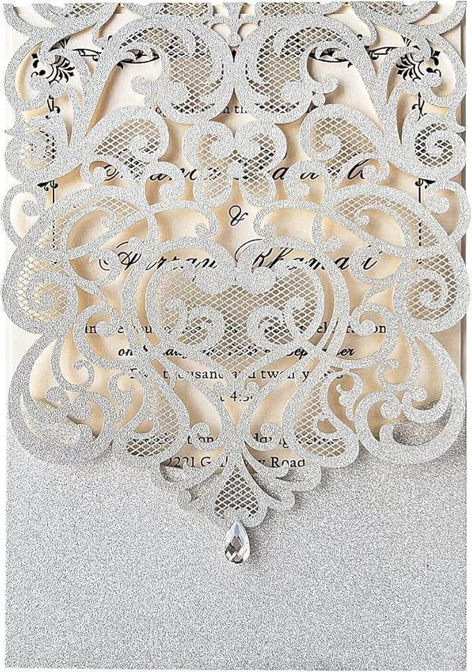 Hosmsua 5.1 x 7.3 Inch 50PCS Silver Glitter Wedding Invitation Cards by Hosmsua