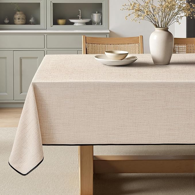 MIULEE Ivory-Black Linen Tablecloth 60x84 Inch Rectangle Table Cloth Waterproof by MIULEE
