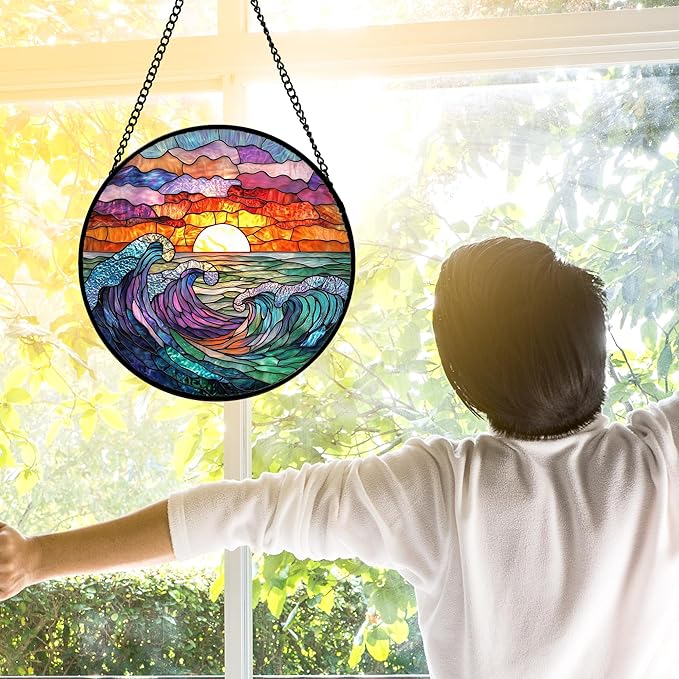 Stained Glass Window Hanging, Clouds and Sea Waves Suncatcher Diamond Glass - Image 4