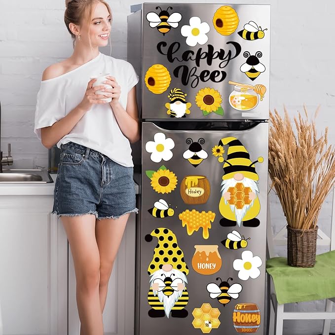 Xuhal 25 Pcs Bee Decor Refrigerator Magnets Happy Bee Gnome Sunflower Magnetic - Image 4