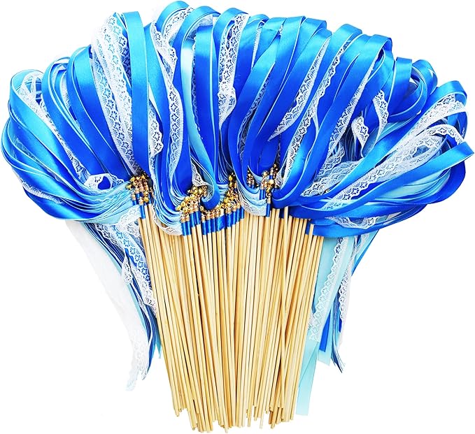 100 Pack Blue Lace Wedding Ribbon Wands Streamers by Kingsnow