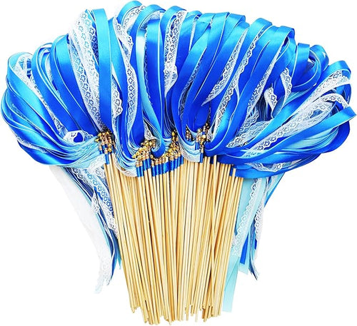 100 Pack Blue Lace Wedding Ribbon Wands Streamers by Kingsnow