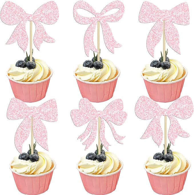 Gyufise 36Pcs Bow Cupcake Toppers Glitter Girls Birthday Decorations Bowknot by Gyufise