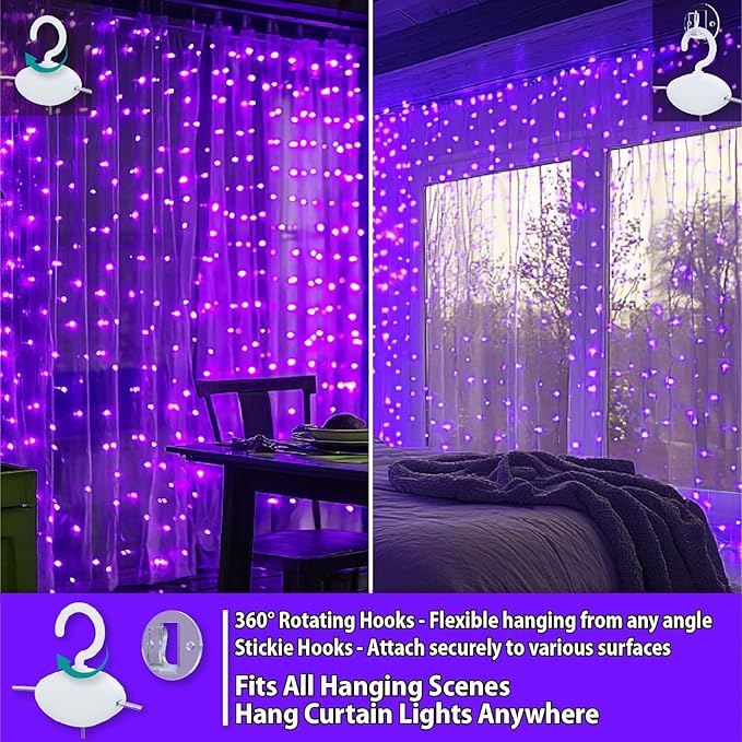 HXWEIYE 300LED Fairy Curtain Lights, 9.8x9.8Ft USB Plug-in 8 Modes Christmas - Image 3