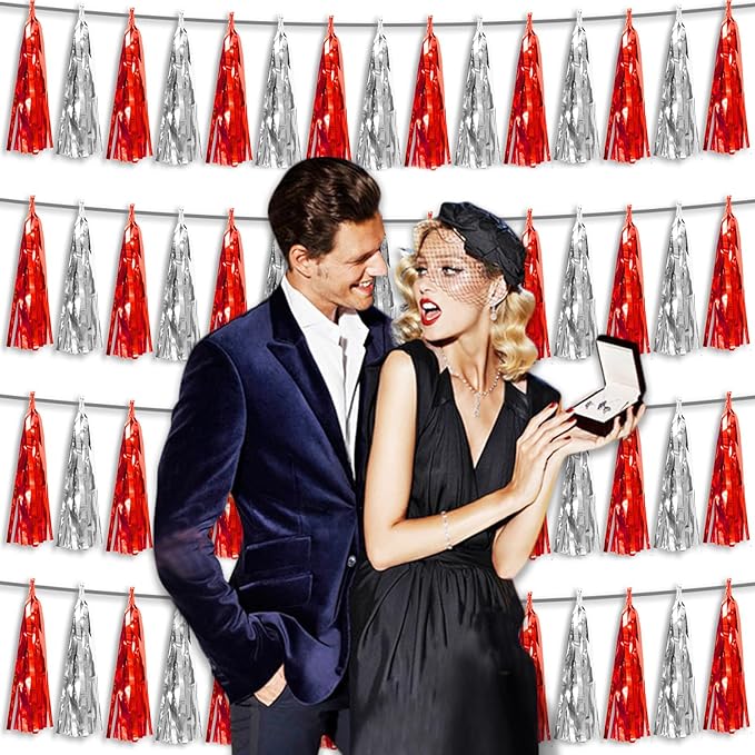 4P Red Silver Foil Fringe Tassel Banner Garland Metallic Tinsel Streamers Wall - Image 7