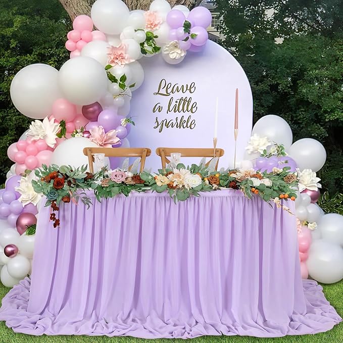 QueenDream 14ft Lavender Chiffon Table Skirt Purple Sheer Tablecloth - Image 6
