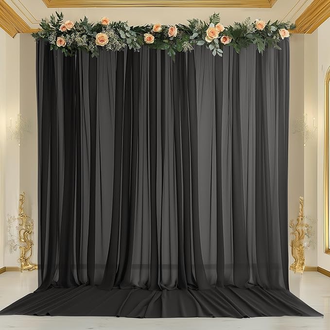 10ft x 10ft Black Backdrop Curtains, Wrinkle-Free Sheer Chiffon Fabric Photo - Image 2