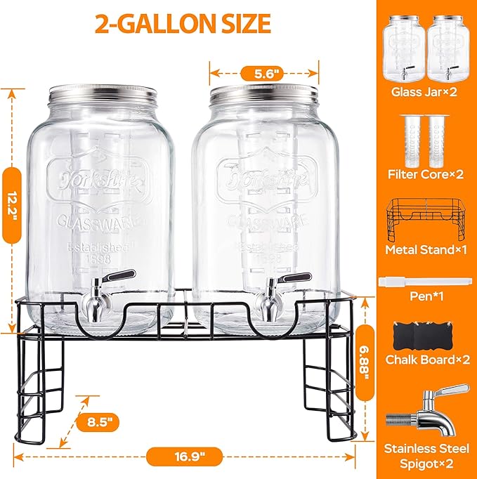 2 Gallon Glass Drink Dispenser for Parties, 2 Pack Beverage Dispenser - Image 2