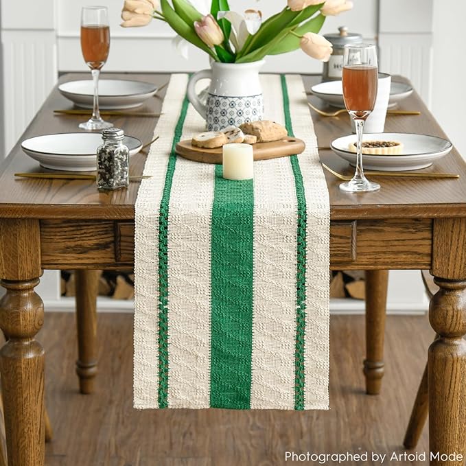 Artoid Mode Dark Green Farmhouse Woven Rustic Table Runner, Seasonal Holiday - Image 2