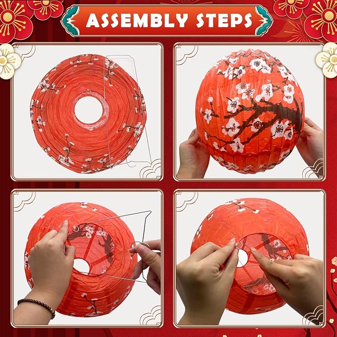 14Pcs Chinese Japanese Paper Lantern Assorted Sizes Hanging Plum Blossom Red - Image 2