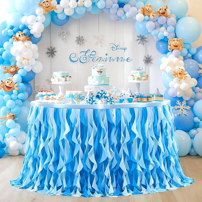 PARTISKY Ocean Blue Tulle Tutu Ruffle Curly Willow Table Skirt - Image 4