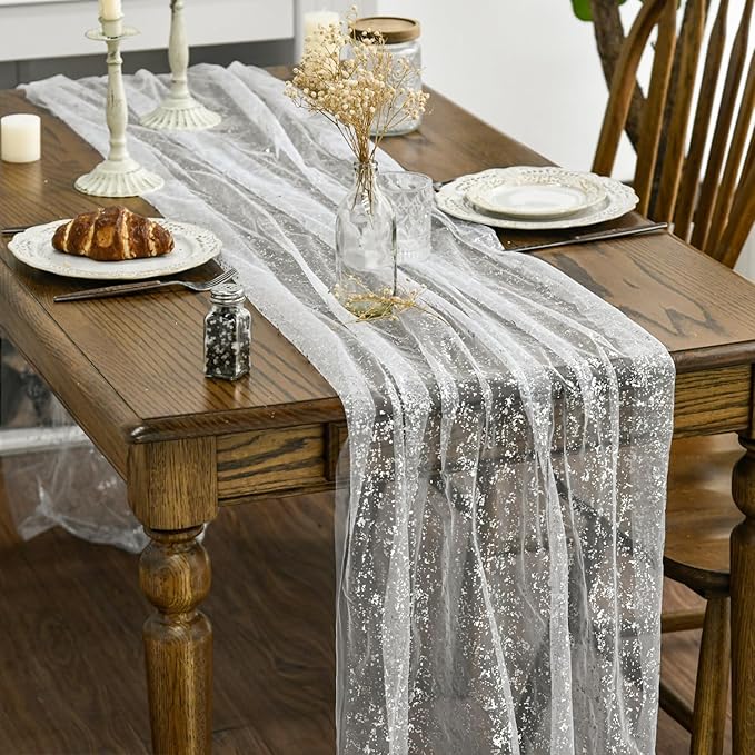 Artoid Mode 6Pcs White Silver Gauze Table Runner 120 Inch 10FT, Glitter - Image 4