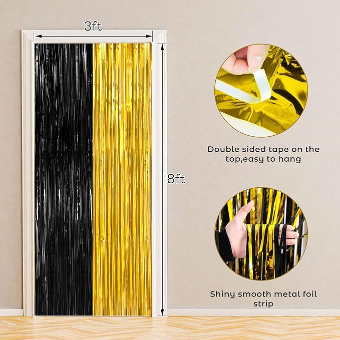 BTSD-home 4 Pack Black Gold Metallic Foil Fringe Curtain Tinsel Streamer Party - Image 2