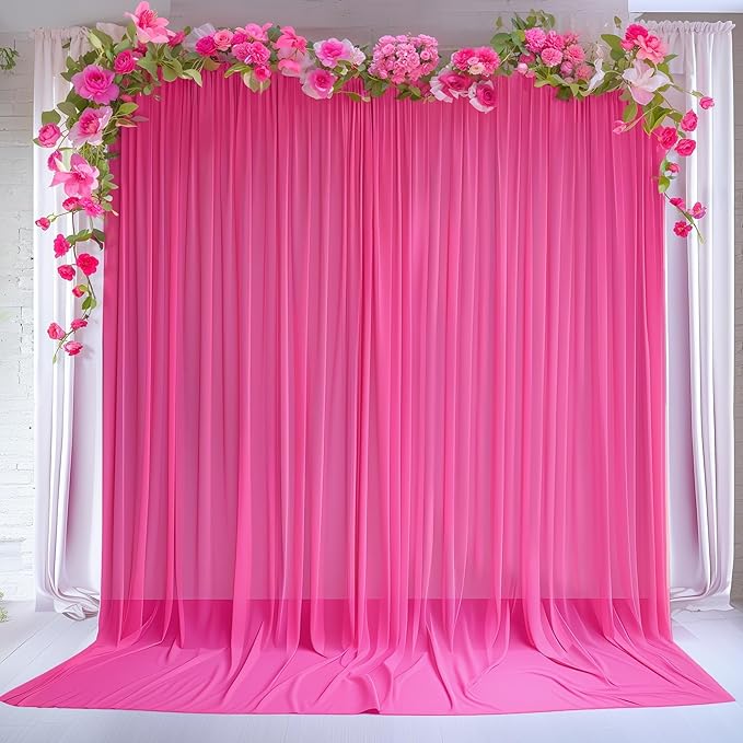 10ft x 10ft Hot Pink Backdrop Curtains, Wrinkle-Free Sheer Chiffon Fabric Photo - Image 2