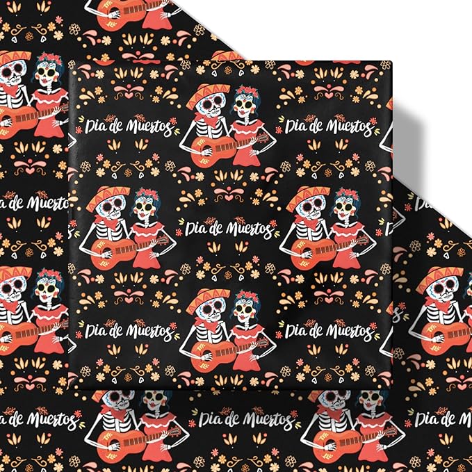 LeZakaa Day of the Dead Wrapping Paper Roll, Día de Muertos Skeleton Couple - Image 6
