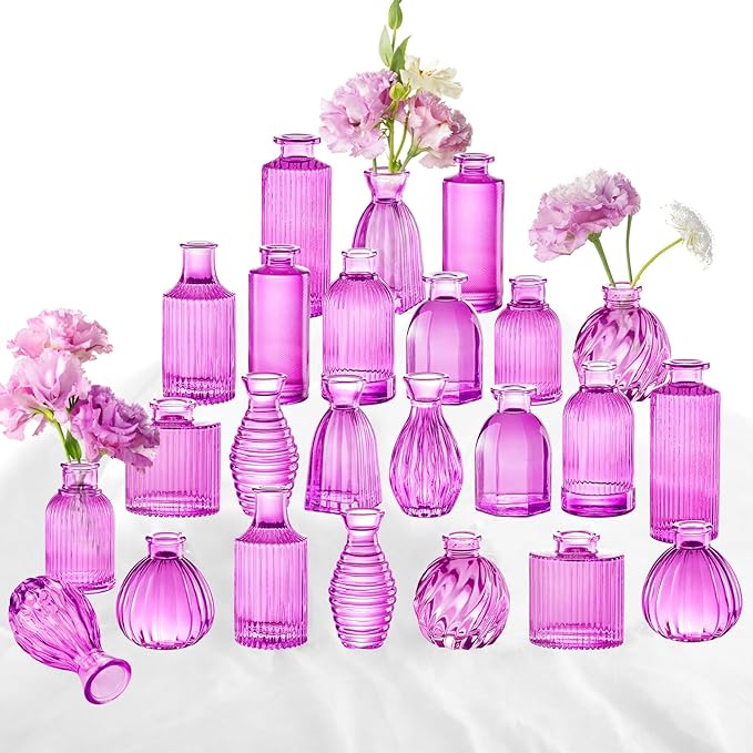 24PCS Bud Vases for Decor Cool Hot Pink Small Glass Flower Vase in Bulk Wedding by PHUNTTEK